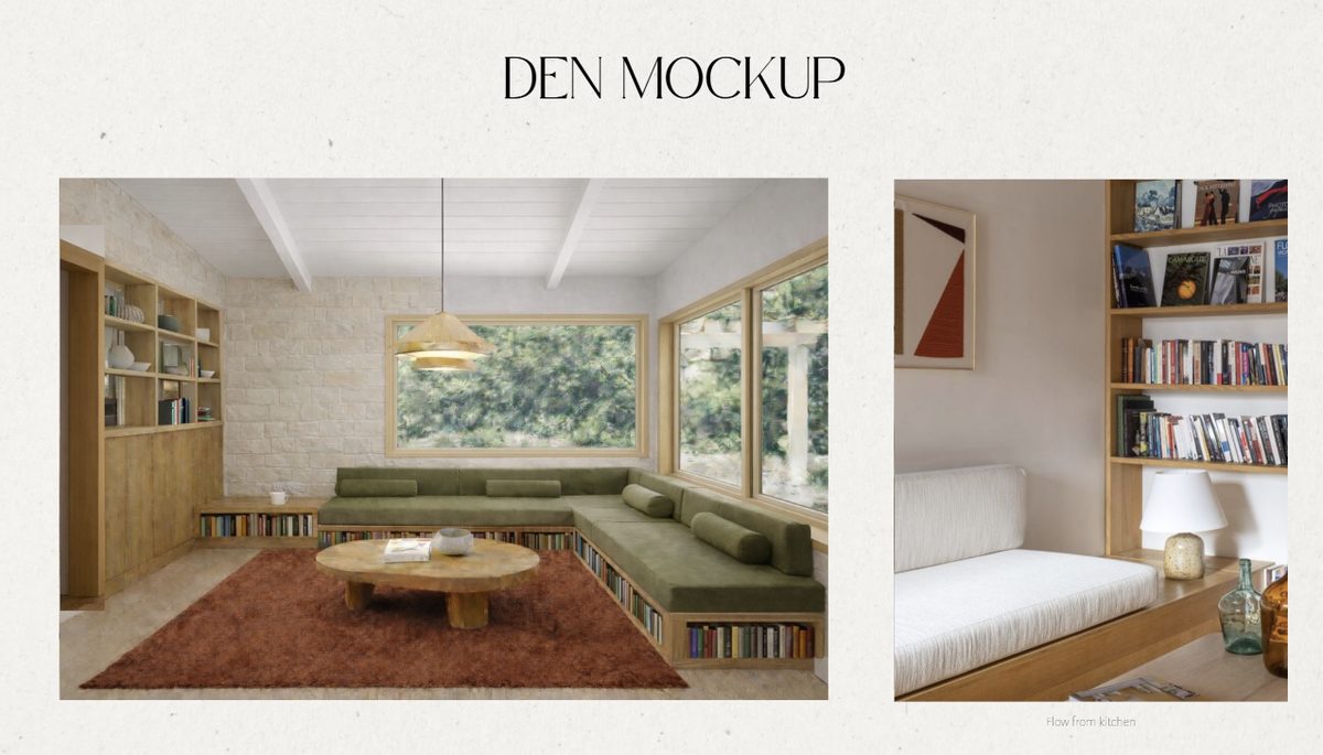 Den design rendering with built-in banquette seating and book storage