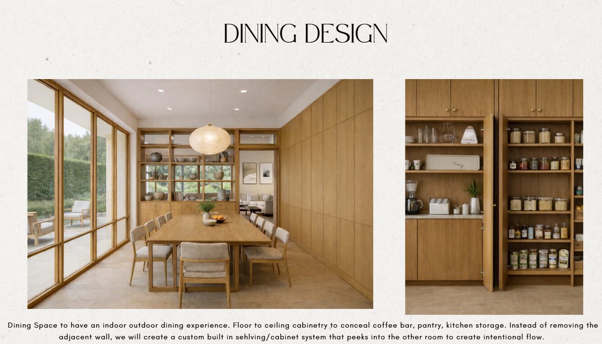 Dining room design rendering with floor-to-ceiling oak cabinetry and concealed pantry