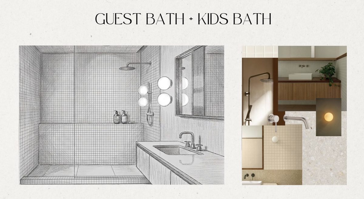 Guest and kids bathroom design study with tile, fixture, and lighting direction