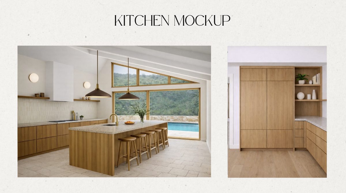 Kitchen design rendering with white oak cabinetry, island seating, and pool views
