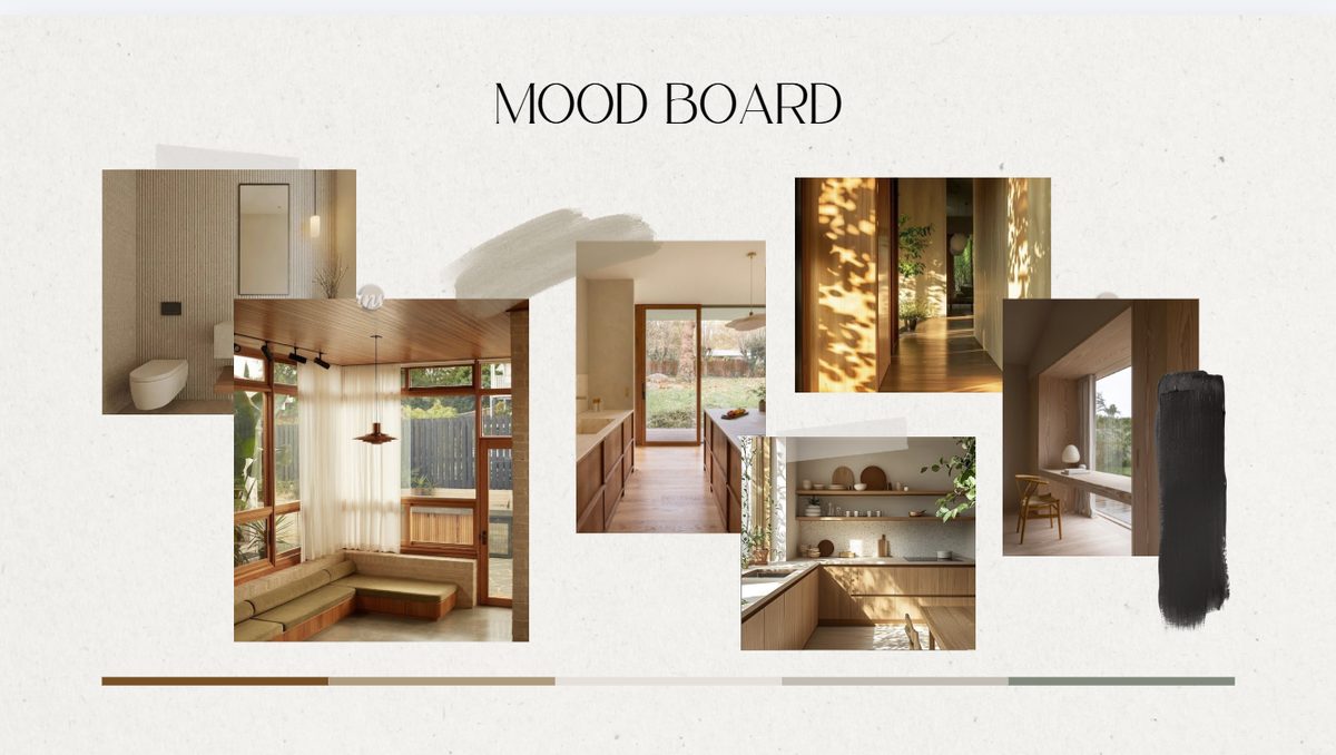 Mood board establishing the material palette and light quality for a whole-home renovation