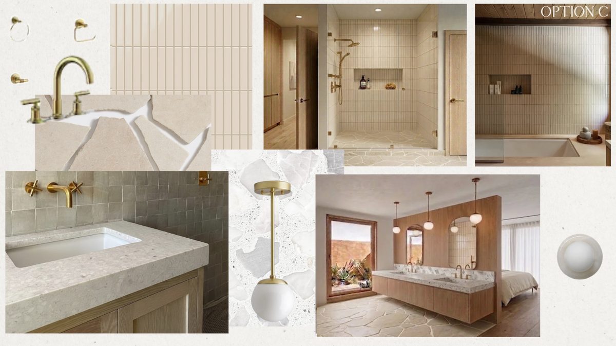Primary bathroom design option showing stone, tile, fixture, and vanity selections