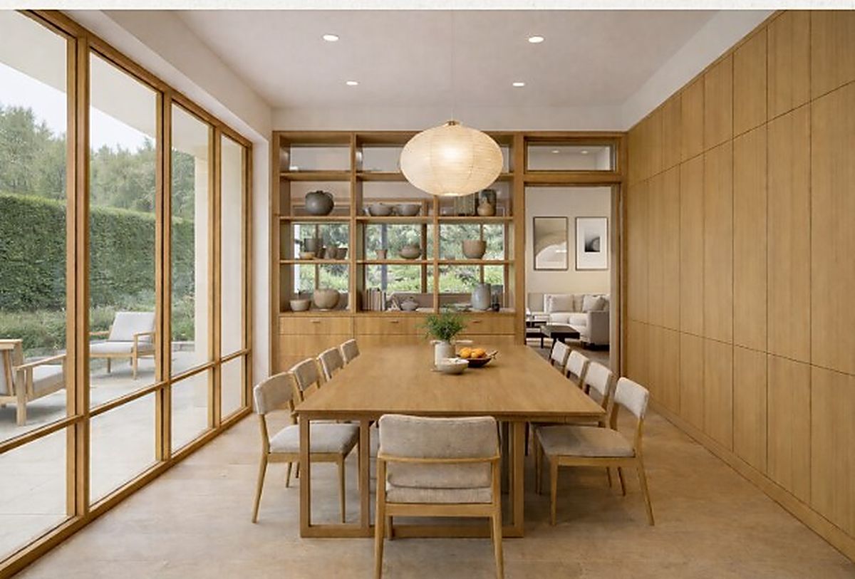 Rendering of a dining room with built-in oak shelving and garden doors