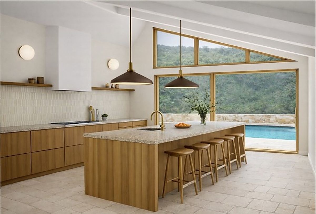 Rendering of a white oak kitchen with island seating and pool views