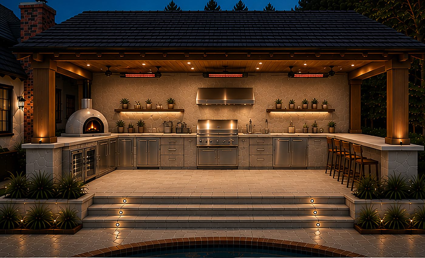 Rendering of a pool pavilion with outdoor kitchen and bar seating, North Tustin